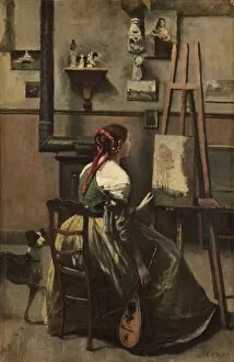 Camille Collection: Corots Studio: Woman Seated Before an Easel, a Mandolin in her Hand, c. 1868