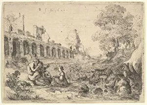 Corsica seated before satyrs on the bank of a river, from a pair of plates for Battista