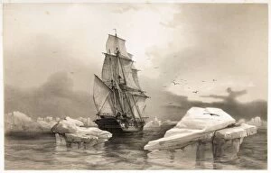 Iceberg Gallery: Corvettte La Recherche near Bear Island on 7th August, 1838, from Voyages en Scandinavie, 1852