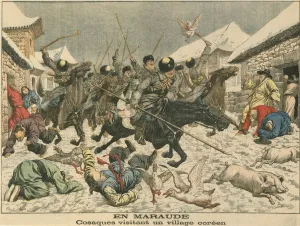 Civilian Prints: Cossacks terrorising a Korean village, Russo-Japanese War, 1904
