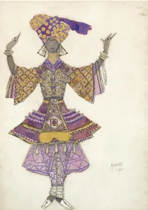 Gold Und White Colours On Paper Prints: Costume design for the Ballet Blue God by R. Hahn, 1911. Artist: Bakst, Leon (1866-1924)