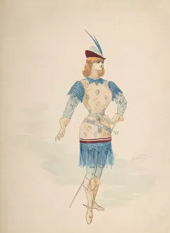 Theatrical Costume Collection: Costume Design for a Cavalier (?) in Blue and Burgundy with Feathered Cap and Sword, n.d