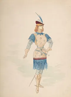 Theatrical Costume Prints: Costume Design for a Cavalier (?) in Blue and Burgundy with Feathered Cap and Sword, n. d
