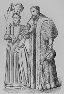 Costume of a rich bourgeoise, and of a noble...of the time of Francis I, 1878. Creator: Unknown