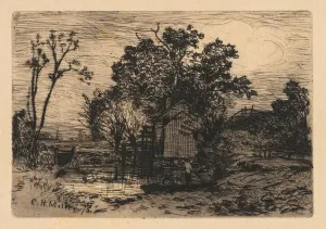 [Cottage and Two Figures in a Boat], 1878. Creator: Charles Henry Miller (American, 1842-1922)