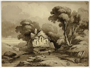 James Robertson Prints: Cottage Beside Winding Road in Wooded Landscape, n.d. Creator: James Robertson