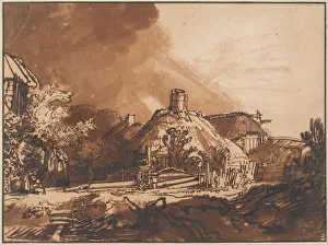 White Colour On Paper Prints: Cottages under a Stormy Sky, c. 1640. Artist: Rembrandt van Rhijn (1606-1669)