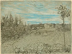 Gogh Vincent Van Prints: Cottages with a Woman Working in the Middle Ground, 1890. Creator: Vincent van Gogh
