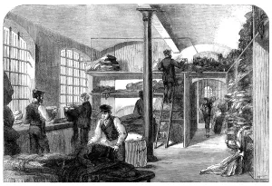 Shortage Prints: The Cotton Famine: receiving clothes at Bridewell Hospital
