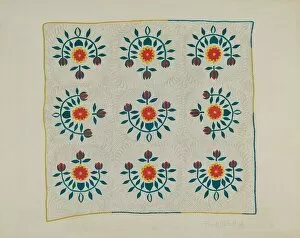 Cotton Quilt - Tulip Design, c. 1938. Creator: Frank Gutting