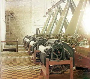 Machines Prints: Cotton textile mill interior with machines producing cotton thread