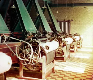 Cotton Gin Prints: Cotton textile mill interior with machines producing cotton thread