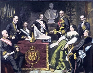 Advice Collection: The Council of Ministers headed by Elizabeth II declares war on Morocco in 1859, engraving
