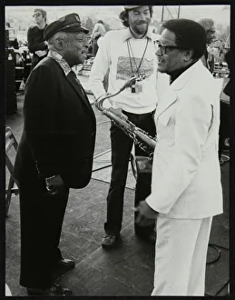 Count Basie chatting with Illinois Jacquet at the Capital Radio Jazz Festival, London, July 1979