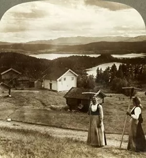 Underwood Travel Library Gallery: Country girls in haying time - over Bolkesjo and Folsjo (lakes) to Himingen Mts