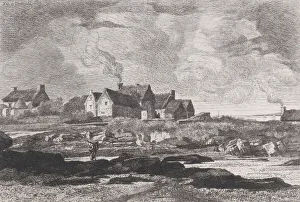 Country landscape with a river running at right and houses in the background, 1845-75