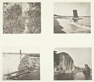 Collotype Gallery: A Country Road near Taiwanfu; A Catamaran; Chain Pumps; Rock Inscriptions, Amoy, c. 1868