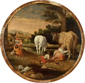Milkmaid Prints: Country Scene with Milkmaid and Children Playing with Armour: March and April
