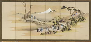 Folding Screen Gallery: Country Scenes and Mount Fuji; one of a pair, Edo period, ca. 1830-1832. Creator: Hokusai