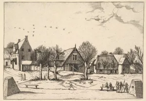 Doetechum Jan The Elder Prints: Country Village, archers in the foreground from Multifariarum casularum ruriumque linea