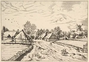 Doetechum Jan The Elder Prints: Country Village with Post Mill from Multifariarum casularum ruriumque lineamenta curios