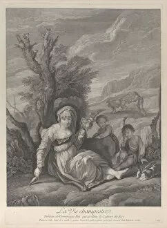 A country woman sitting in landscape with two boys at her side, 1729-40
