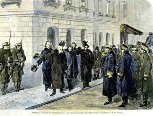 Militares Gallery: Coup d etat 1874, exit of diplomatic corps from Congress, engraving from Ilustracion