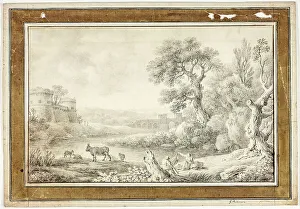 Chalk Stick Prints: Couple, Bull and Sheep by River with Castles in Background, n.d