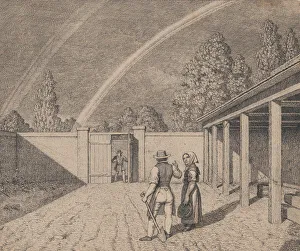 Eckersberg Prints: A couple conversing in a stable yard, with a double rainbow overhead
