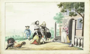 Geesie Ter Burch Prints: Couple greet a lady at the door of a country house, 1659. Creator: Gesina ter Borch