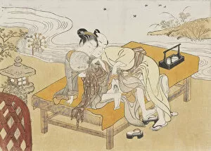 Harunobu Collection: A couple making love on a bench beside a stream on a summer evening, 1760s
