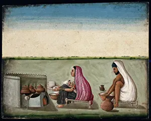 Sari Prints: A couple preparing tandoori rotis: the woman faces the tandoor