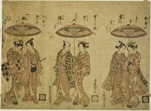 Couples Gallery: Three couples sharing umbrellas, c. 1760. Creator: Torii Kiyomitsu