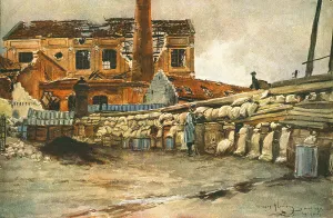 Shelling Prints: Cour d'Usine barricadee, 1915. Creator: Francois Flameng