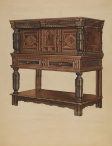 Phillips Lawrence Prints: Court Cupboard, c. 1937. Creator: Lawrence Phillips
