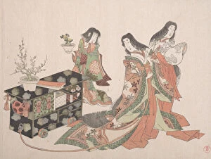 Courtier Collection: Court Ladies Dragging a Cabinet along the Floor, 19th century. Creator: Kubo Shunman