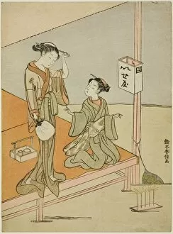 Riverside Gallery: A Courtesan and Her Attendant at the Riverside Teahouse Iseya, c. 1768 / 69