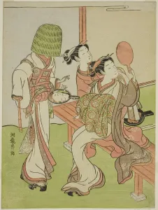 Koryusai Isoda Prints: A Courtesan and Her Attendant Using Mirrors to Identify a Mendicant Monk, c. 1772