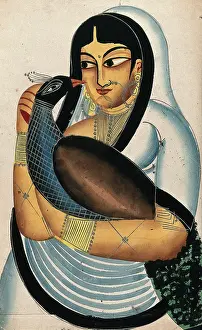 Sari Prints: A courtesan carrying a peacock. Creator: Unknown