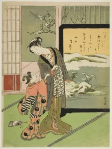 Courtesan and Her Child Attendant Playing with a Cat, c. 1768. Creator: Suzuki Harunobu