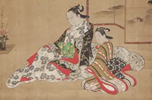 Japanese Era Prints: Courtesan with Her Companion at a Screen, 1716-1736. Creator: Miyagawa Choshun