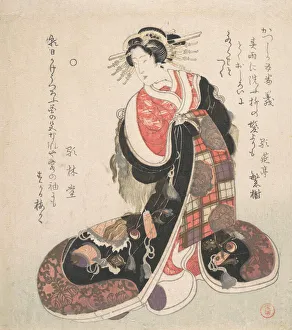 Good Fortune Prints: Courtesan Dressed in an Elaborate Gown Embroidered with Emblems of Good Luck, ca. 1800