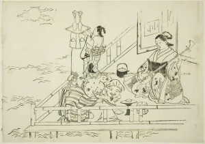 Shamisen Prints: Courtesan entertaining Daikoku and Fukurokuju, no. 10 from a series of 12 prints, c. 1708