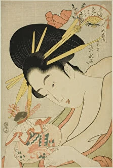 Eisui Ichirakusai Gallery: The Courtesan Hanahito of the Ogiya and attendants Sakura and Momiji... c. 1795 / 1800