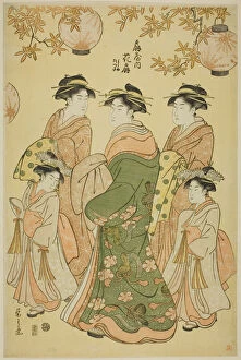 Eishi Chobunsai Collection: The Courtesan Hanaogi of the Ogiya, with Child Attendants Yoshino and Tatsuta, c. 1793