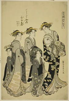 The Courtesan Hinazuru of the Chojiya with her Attendants, from the series Edo Purple... c1790. Creator: Hosoda Eishi. The Courtesan Hinazuru of the Chojiya with her Attendants, from the series Edo Purple... c1790. Creator: Hosoda Eishi