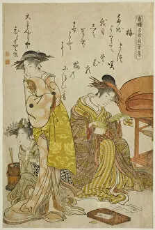 Yoshiwara Gallery: The Courtesan Hitomoto of the Daimonjiya, from the album 'Comparing New Beauties of the Yo... 1784