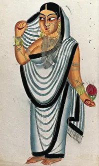 Sari Prints: A courtesan holding a rose. Creator: Unknown