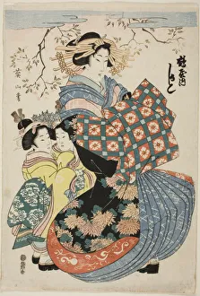 Kamuro Prints: The courtesan Kashiku of the Tsuruya with two child attendants, Japan, c. 1824 / 29