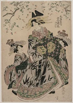 1769 1825 Prints: The Courtesan Katakoshigi (?) of Maruebiya with her Kamuro Ageha and Midori, c. 1805